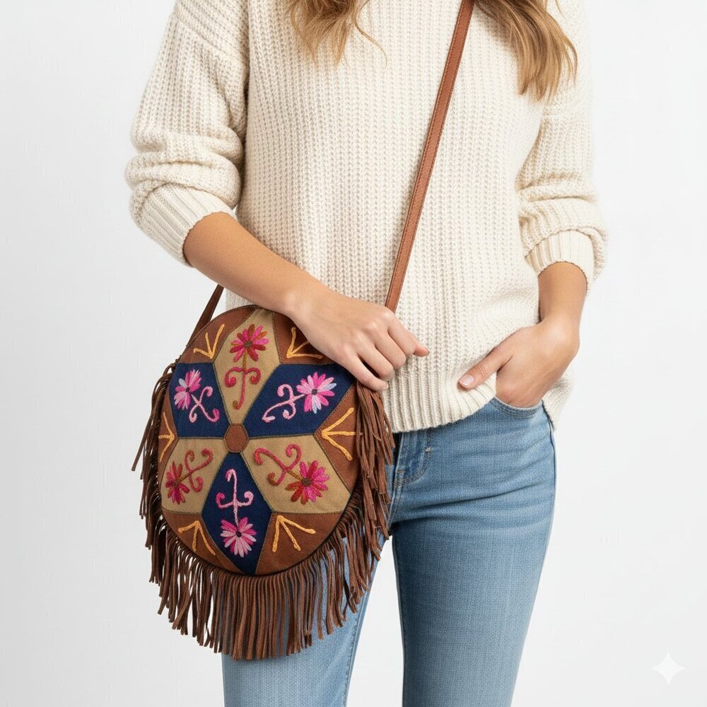 Vintage Patchwork Deerskin Round Crossbody w fringe